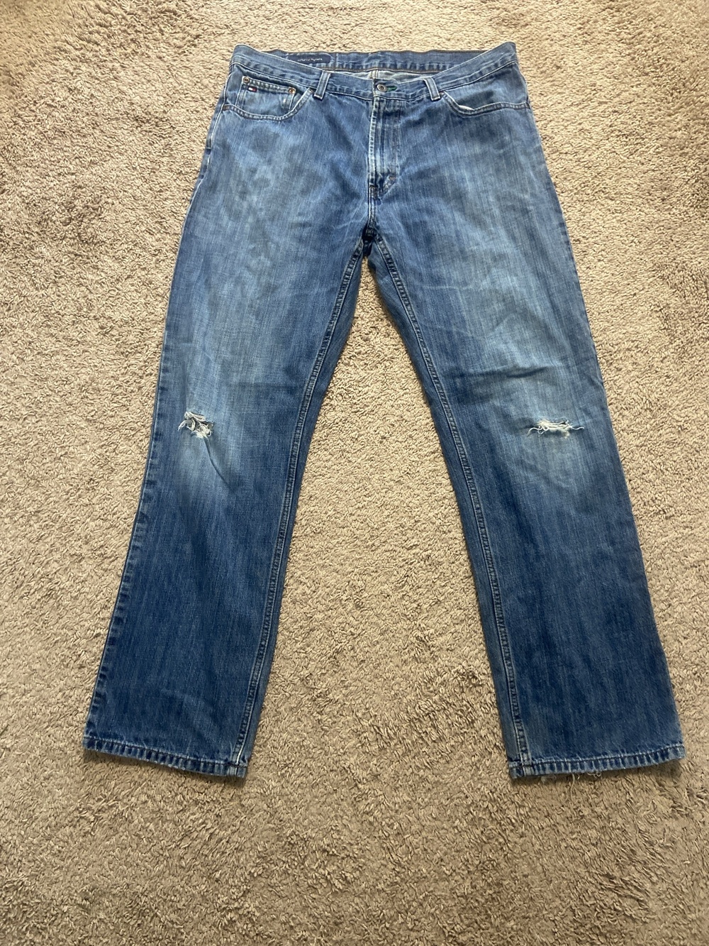 Tommy Hilfiger Custom Straight Jeans Mens 36x30 Blue Med Wash Distressed Denim